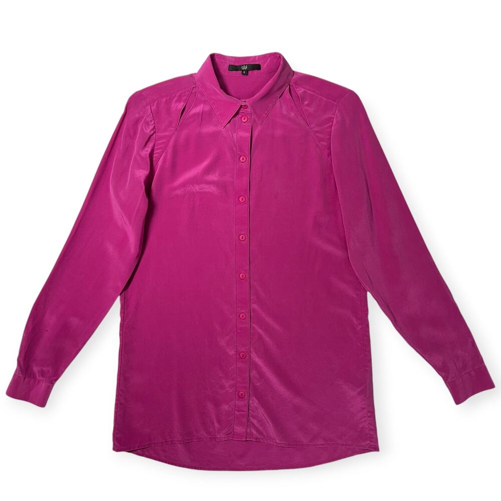 TiBi 100% Silk Cut Out Shirt SIZE 0 Fuchsia Purple Loose Long Blouse Designer